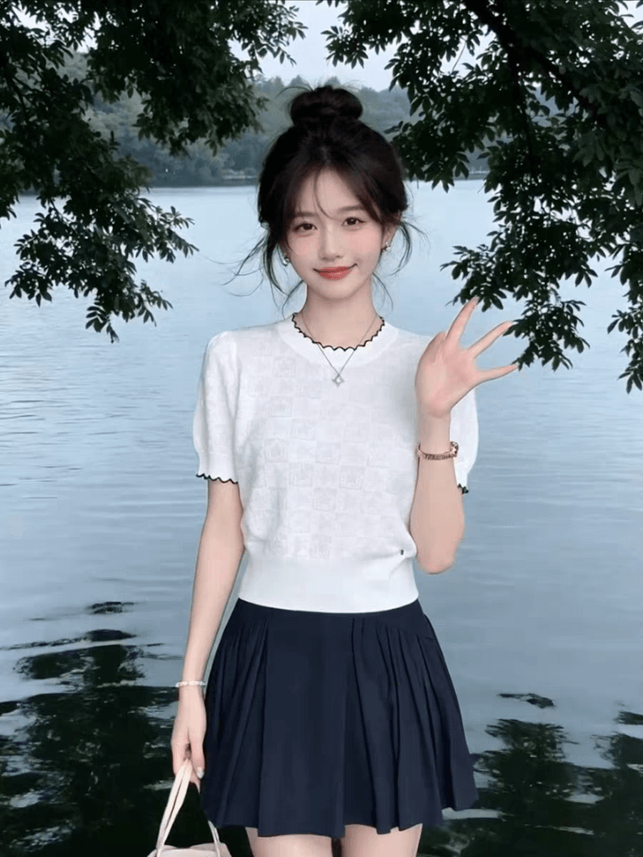 보존 섹션 추천 한 부서 배색 나비 넥타이 니트 반팔 여성 여름 새로운 다용도 연령 감소 맨위 상세 이미지 2