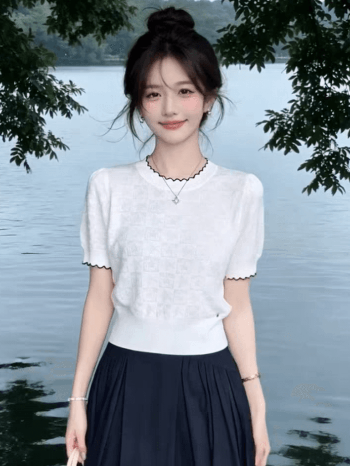 보존 섹션 추천 한 부서 배색 나비 넥타이 니트 반팔 여성 여름 새로운 다용도 연령 감소 맨위 상세 이미지 4