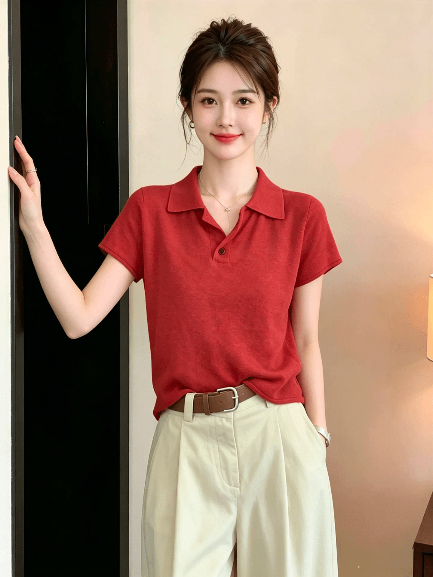 레트로 항구 바람 빨간색 POLO 칼라 긍정적 인 어깨 반팔 티셔츠 여성 2026 여름 새로운 얼음 실크 니트 스웨터 맨위 트렌디