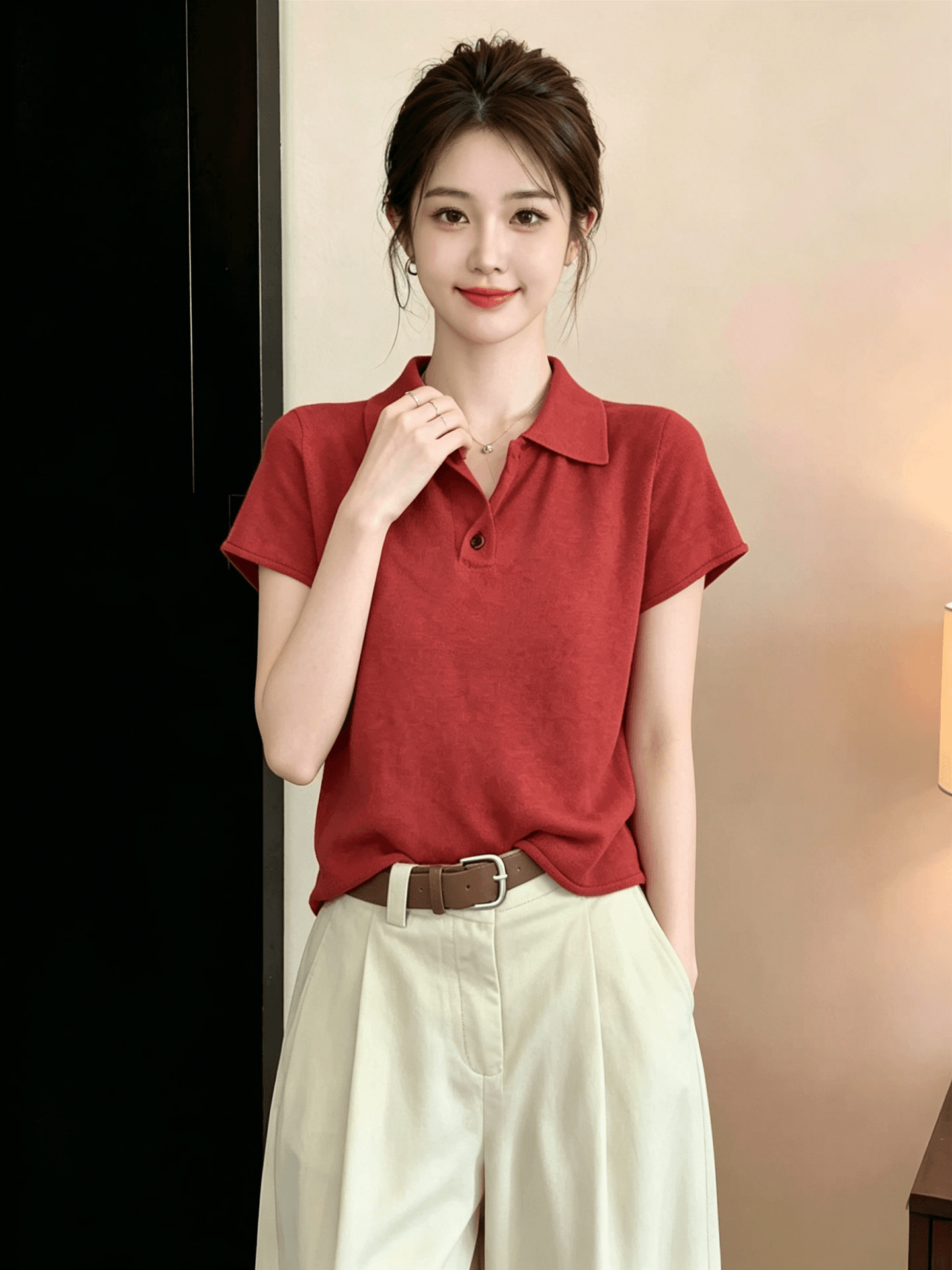 레트로 항구 바람 빨간색 POLO 칼라 긍정적 인 어깨 반팔 티셔츠 여성 2026 여름 새로운 얼음 실크 니트 스웨터 맨위 트렌디 이미지 2