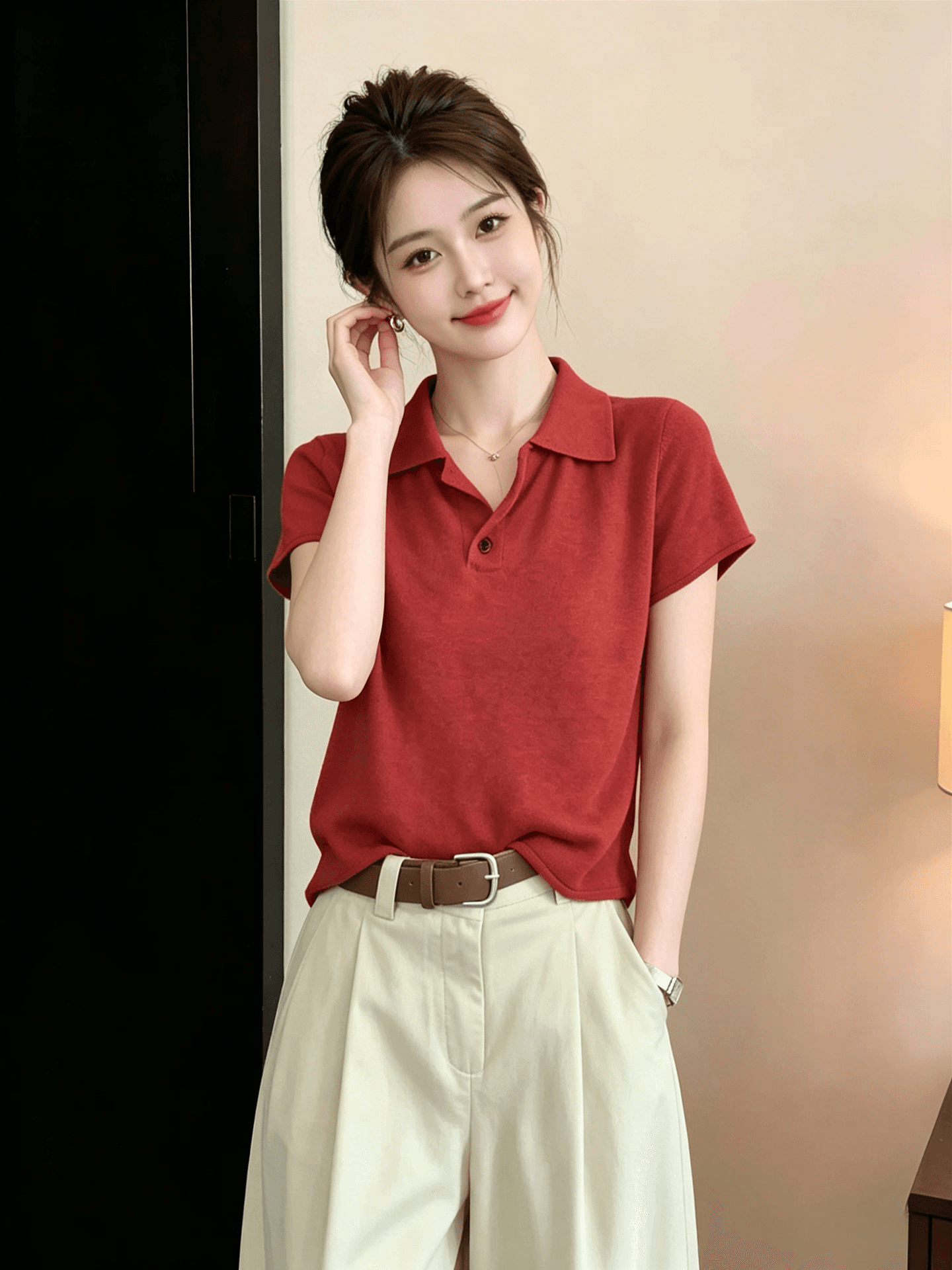 레트로 항구 바람 빨간색 POLO 칼라 긍정적 인 어깨 반팔 티셔츠 여성 2026 여름 새로운 얼음 실크 니트 스웨터 맨위 트렌디 이미지 3