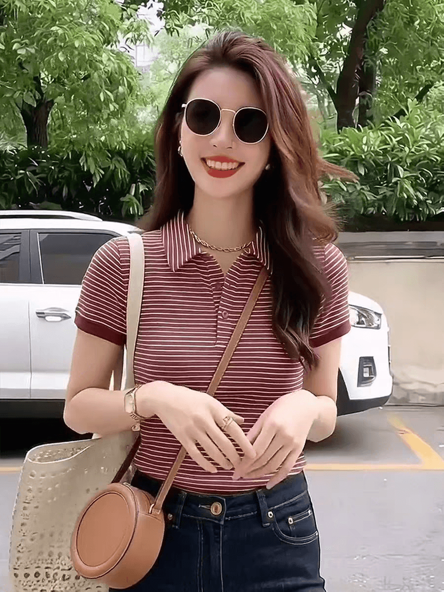 한 부서 패션 품격 폴로 칼라 스트라이프 반팔 티셔츠 2026 여름 새로운 풀오버 외국 가스 맨위 다용도 작은 셔츠 상세 이미지 2