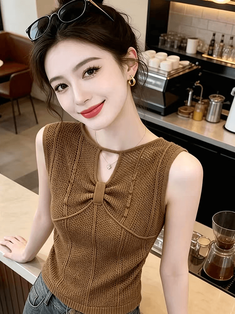 한 부서 패션 디자인 센스 기본 셔츠 올해 초여름 새로운 뒤로 홀로우 아웃 비틀림 민소매 니트 조끼 맨위 상세 이미지 1