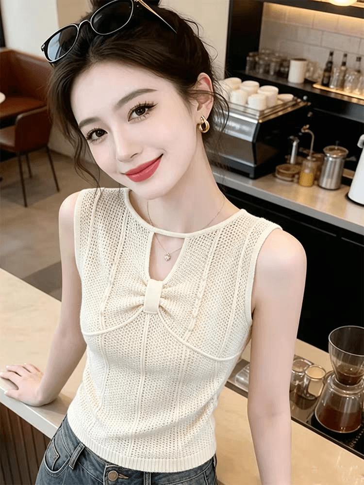 한 부서 패션 디자인 센스 기본 셔츠 올해 초여름 새로운 뒤로 홀로우 아웃 비틀림 민소매 니트 조끼 맨위 상세 이미지 2