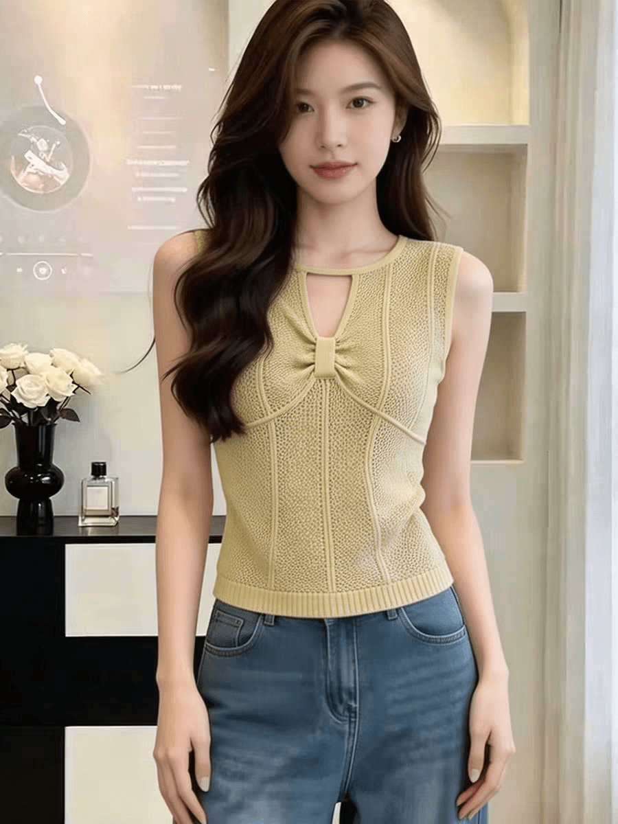 한 부서 패션 디자인 센스 기본 셔츠 올해 초여름 새로운 뒤로 홀로우 아웃 비틀림 민소매 니트 조끼 맨위 상세 이미지 5