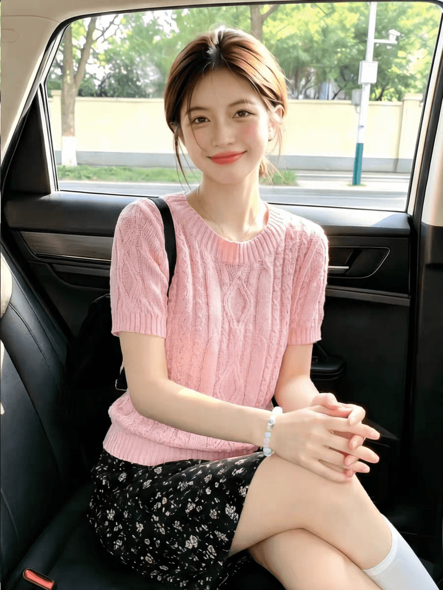 작은 청신 핑크색 꽈배기 니트 스웨터 여성 여름 폭발 홀로우 아웃 통기성 루즈핏 슬림해 보이는 풀오버 라운드 넥 반팔 맨위 상세 이미지 2