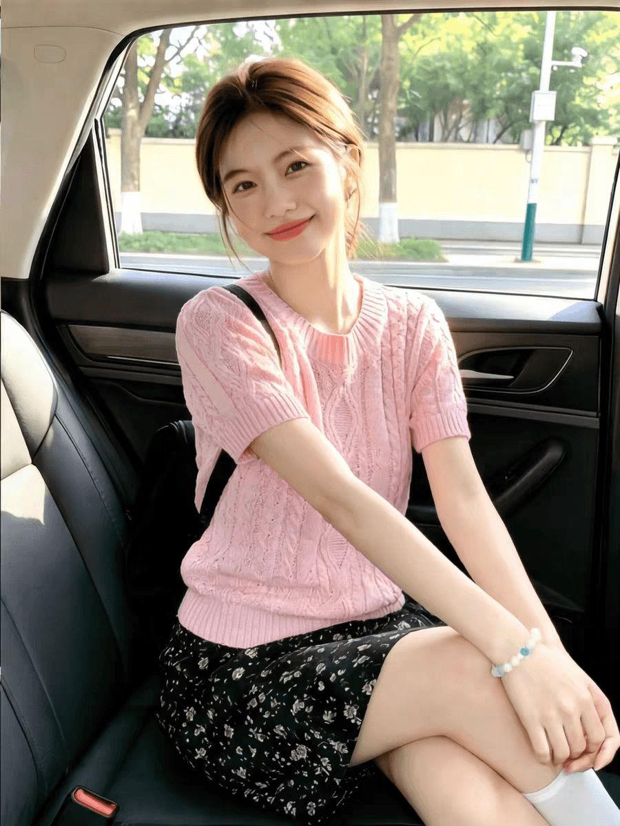 작은 청신 핑크색 꽈배기 니트 스웨터 여성 여름 폭발 홀로우 아웃 통기성 루즈핏 슬림해 보이는 풀오버 라운드 넥 반팔 맨위 상세 이미지 3