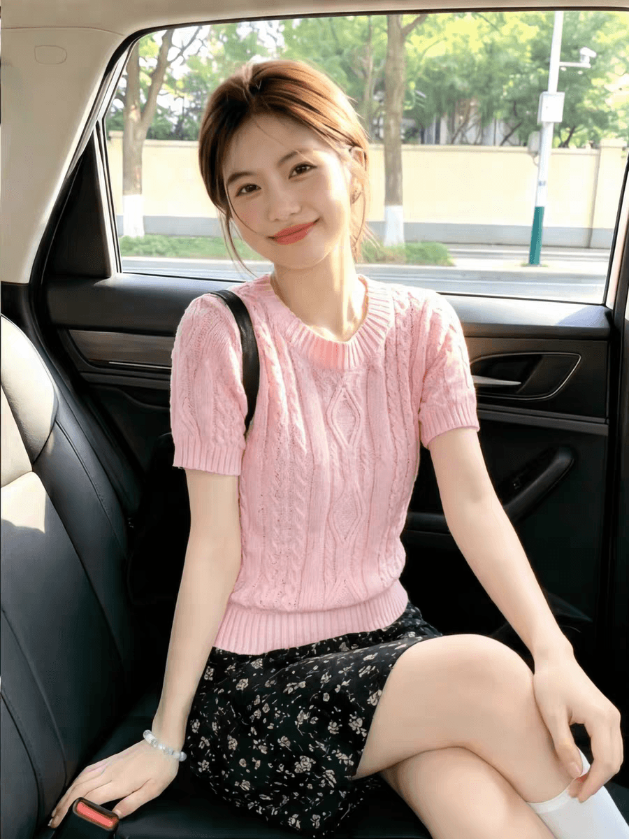 작은 청신 핑크색 꽈배기 니트 스웨터 여성 여름 폭발 홀로우 아웃 통기성 루즈핏 슬림해 보이는 풀오버 라운드 넥 반팔 맨위 이미지 3