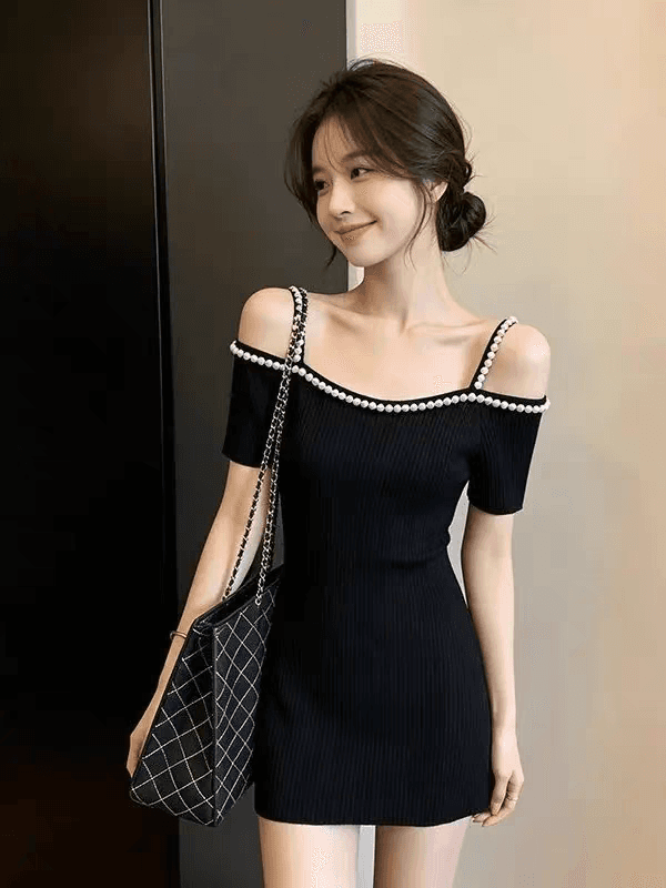 빛 요리 한 바람 오프숄더 진주 장식 반팔 니트 스웨터 여성 여름 작은 키 몸매 가꾸기 슬림해 보이는 오프숄더 맨위 t 상세 이미지 1