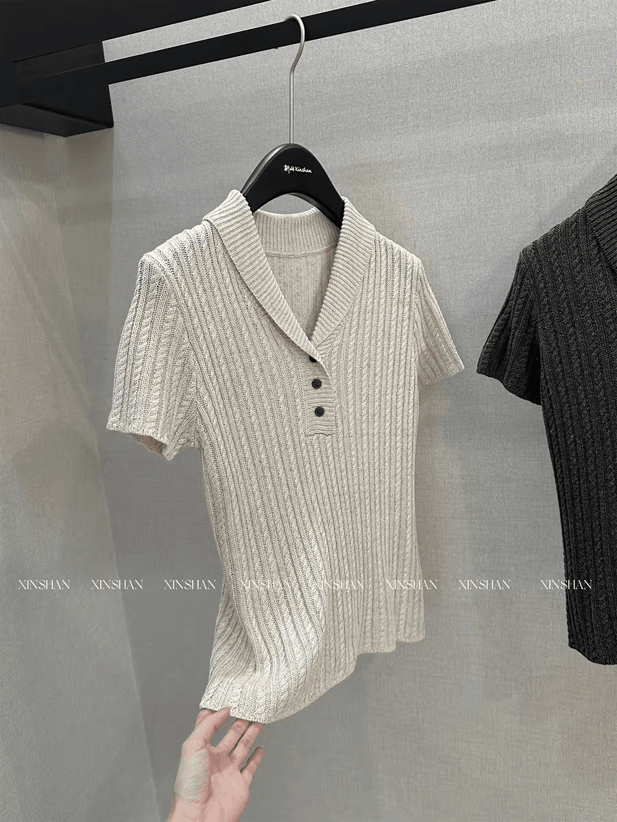 한 부서 빛 요리 한 바람 POLO 칼라 반팔 니트 스웨터 여성 2026 년 봄 새로운 카키 색 슬림해 보이는 다용도 맨위 상세 이미지 2