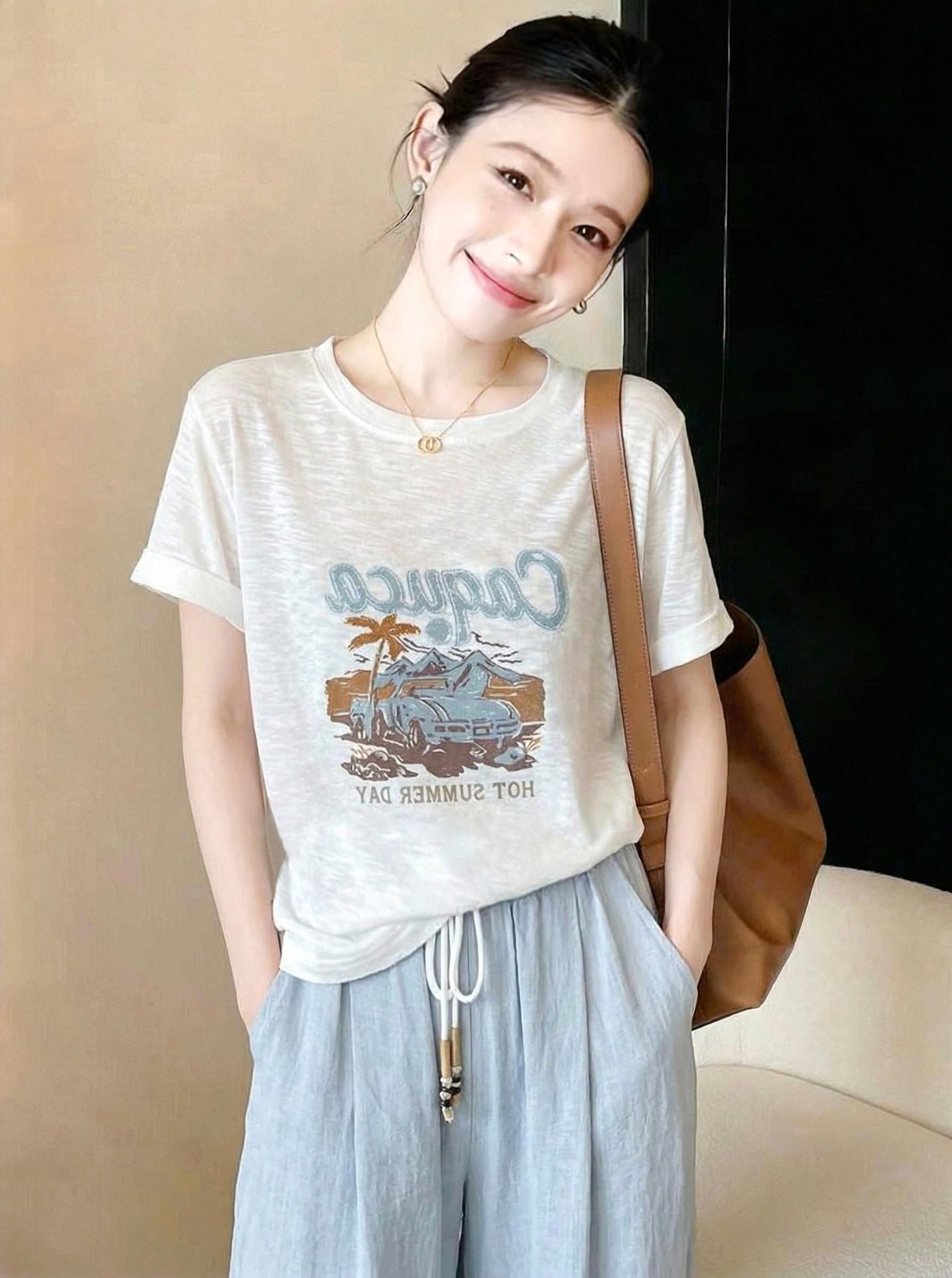 섬 패턴 프린트 라운드 넥 짧은 소매 위버 여름 빅 사이즈 지방 mm 슬림해 보이는 루즈핏 한 부서 캐주얼 맨위 트렌디 이미지 2