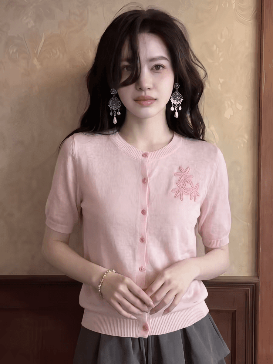 아름다운 자수 니트 오픈 가디건 여성 여름 작은 키 절묘한 디자인 센스 연령 감소 외국 가스 핑크색 반팔 티셔츠 맨위 이미지 4