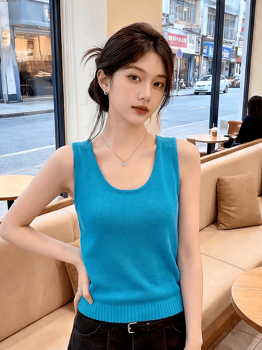 레이크 블루 색상 u 칼라 미니멀리즘 민소매 니트 조끼 여성 여름 도파민 외출용 다용도 몸매 가꾸기 슬림해 보이는 슬립 맨위 이미지 2