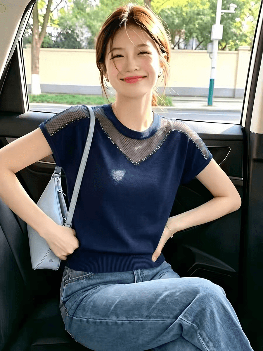 광저우 열세 개 고급 여성 의류 폭발 프랑스식 여름 패션 홀로우 아웃 얇은 스타일 라운드 넥 루즈핏 반팔 니트 스웨터 이미지 4