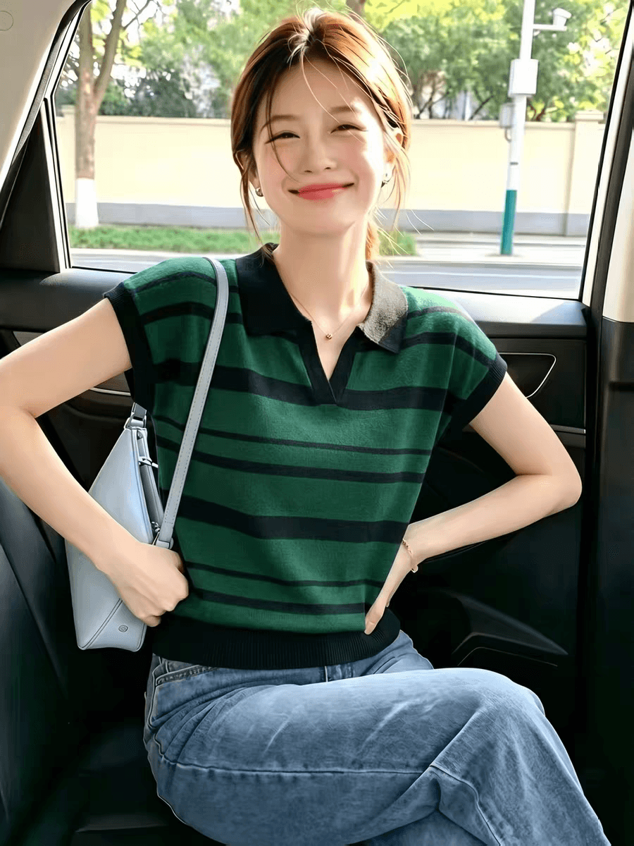 작은 키 여름 착용 가져 가라. 여자 슈퍼 잘 생긴 검정색 스트라이프 폴로 칼라 긍정적 인 어깨 반팔 티셔츠 새로운 품격 맨위 이미지 4
