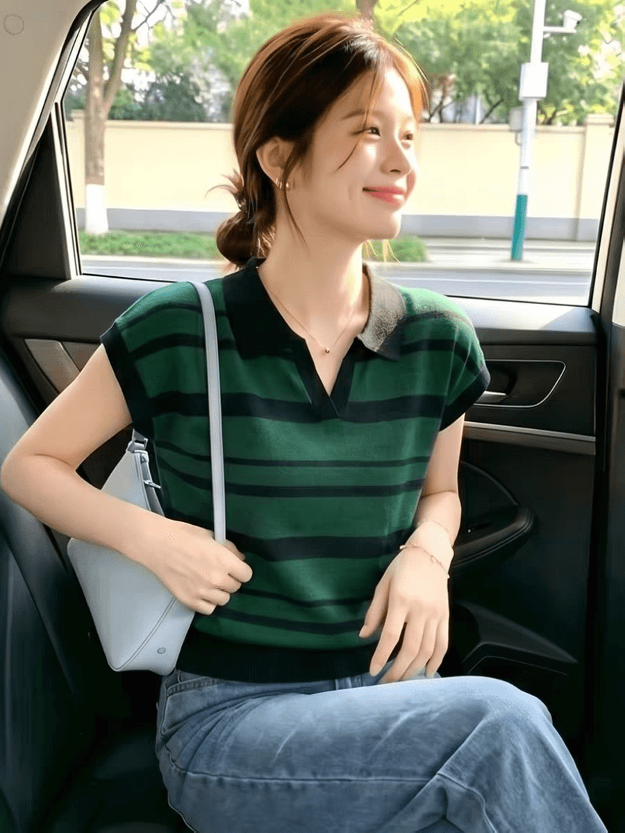 작은 키 여름 착용 가져 가라. 여자 슈퍼 잘 생긴 검정색 스트라이프 폴로 칼라 긍정적 인 어깨 반팔 티셔츠 새로운 품격 맨위 상세 이미지 4
