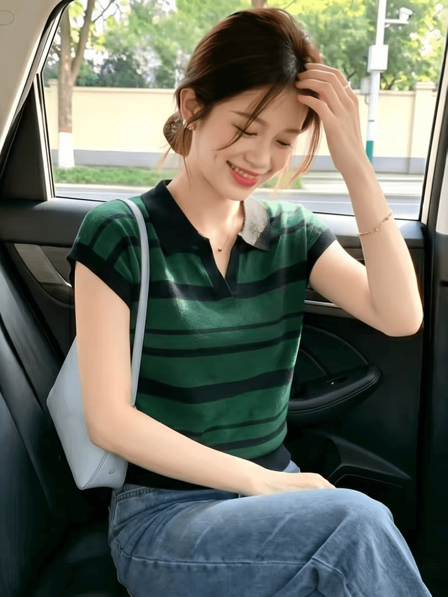 작은 키 여름 착용 가져 가라. 여자 슈퍼 잘 생긴 검정색 스트라이프 폴로 칼라 긍정적 인 어깨 반팔 티셔츠 새로운 품격 맨위 이미지 2