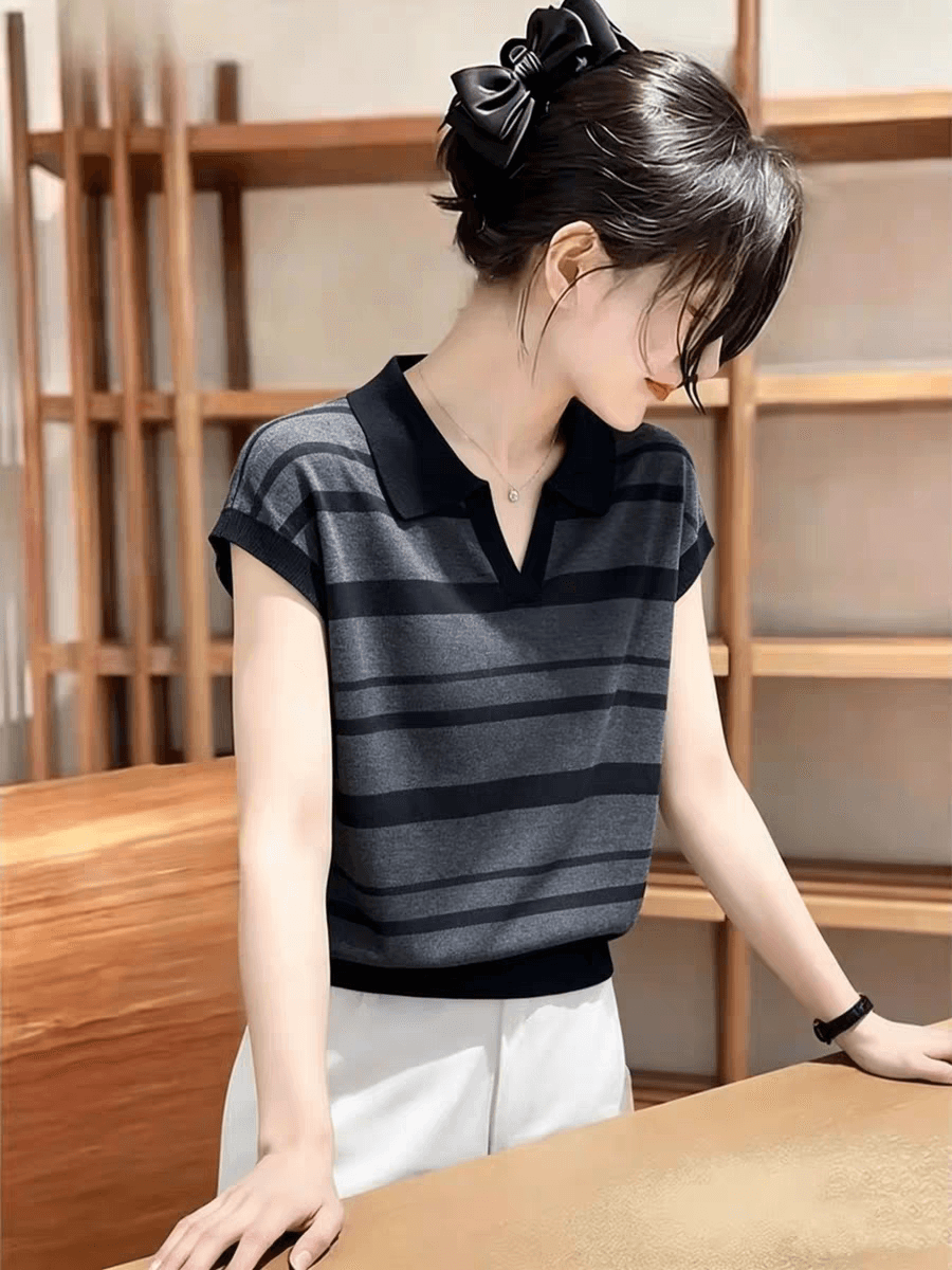 작은 키 여름 착용 가져 가라. 여자 슈퍼 잘 생긴 검정색 스트라이프 폴로 칼라 긍정적 인 어깨 반팔 티셔츠 새로운 품격 맨위 이미지 4
