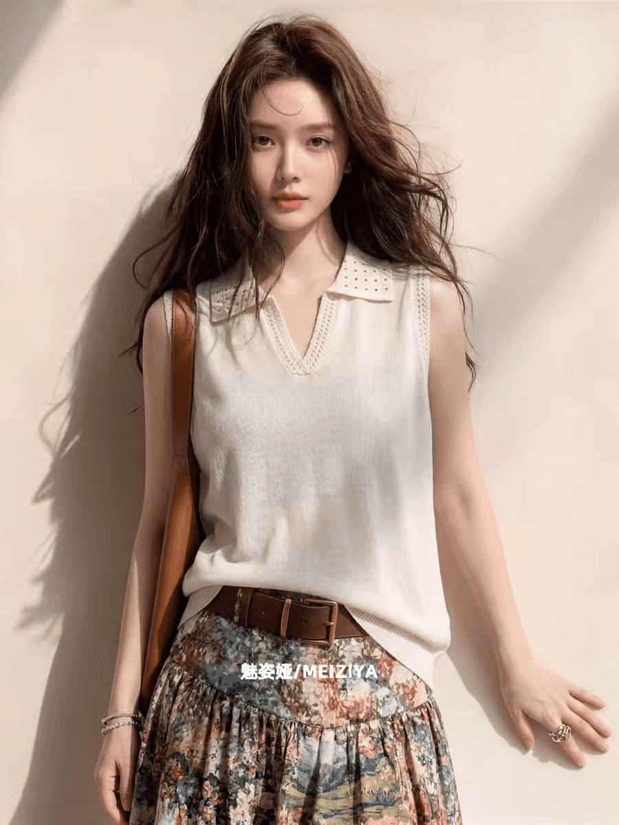 2026 새로운 한 부서 여름 출퇴근 바람 폴로 칼라 니트 조끼 여성 화이트 민소매 다용도 캐주얼 품격 맨위 이미지 3