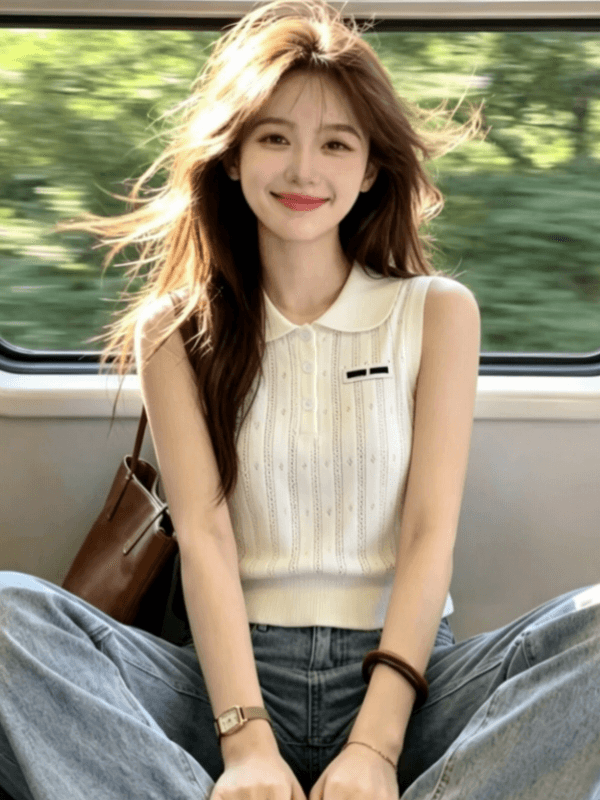 화이트 작은 샤넬 스타일 베이비 칼라 홀로우 아웃 민소매 니트 맨위 여성 여름 2026 새로운 달콤함 품격 슬림해 보이는 조끼 상세 이미지 4