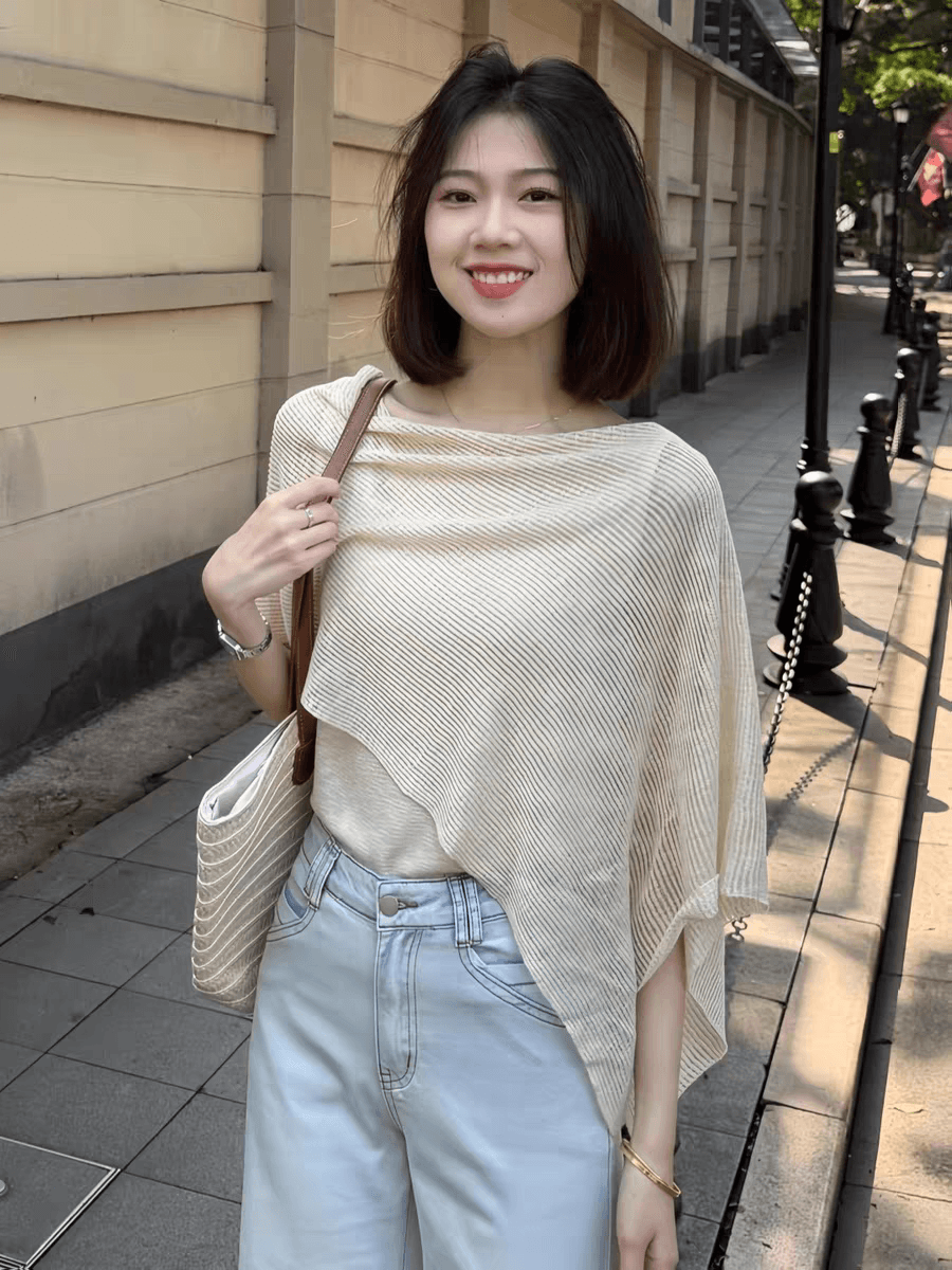 오래된 돈 바람 착용 가져 가라. 페이크 레이어드 얼음 실크 반팔 니트 스웨터 여성 여름 루즈핏 얇고 가벼운 통기성 망토 숄 맨위