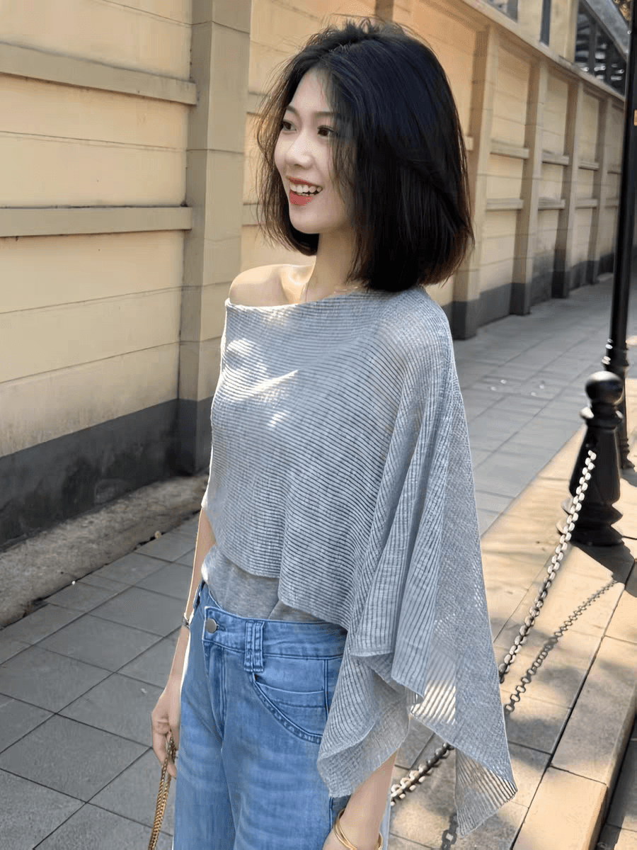 오래된 돈 바람 착용 가져 가라. 페이크 레이어드 얼음 실크 반팔 니트 스웨터 여성 여름 루즈핏 얇고 가벼운 통기성 망토 숄 맨위 이미지 4