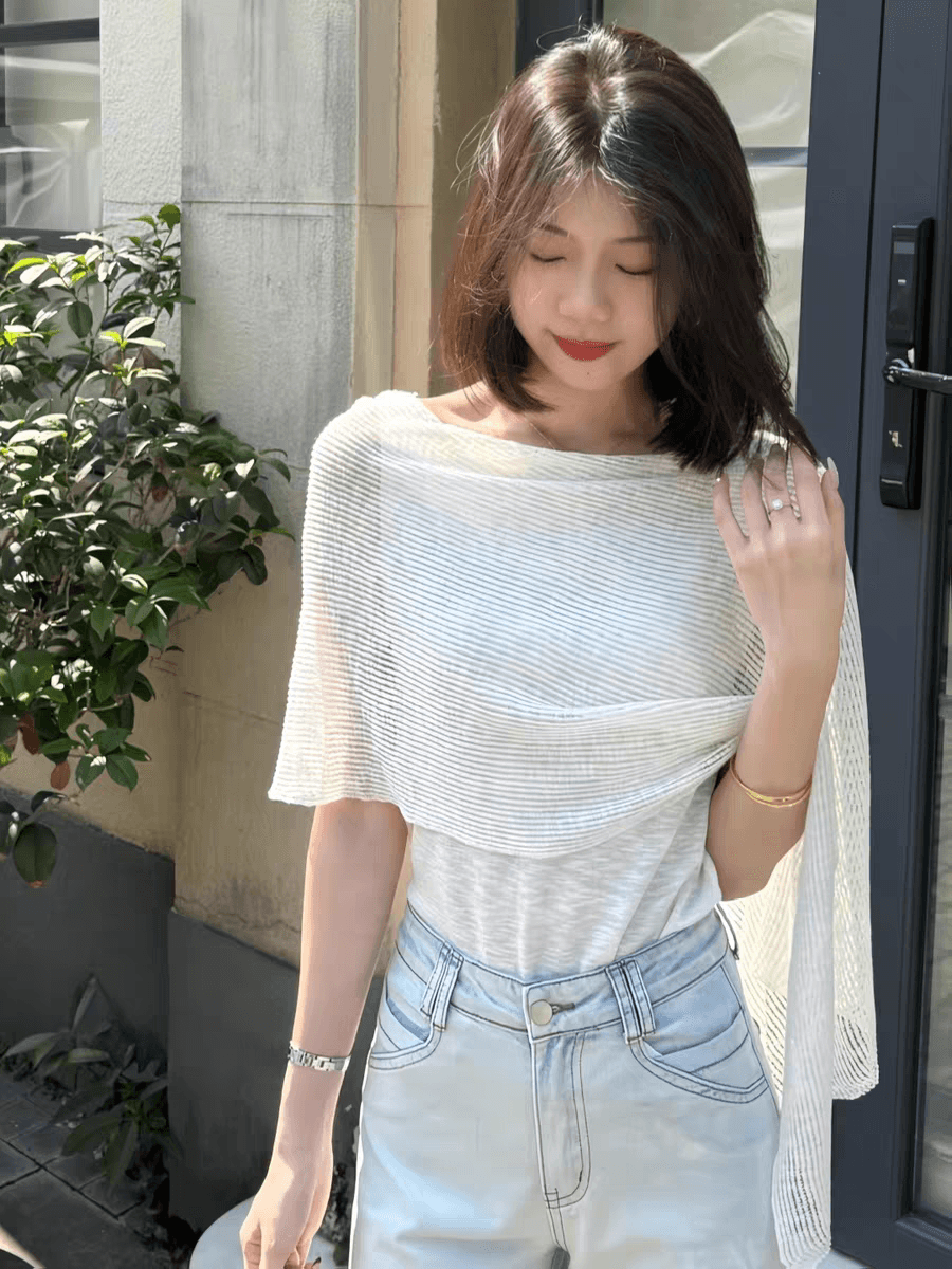 오래된 돈 바람 착용 가져 가라. 페이크 레이어드 얼음 실크 반팔 니트 스웨터 여성 여름 루즈핏 얇고 가벼운 통기성 망토 숄 맨위 상세 이미지 3