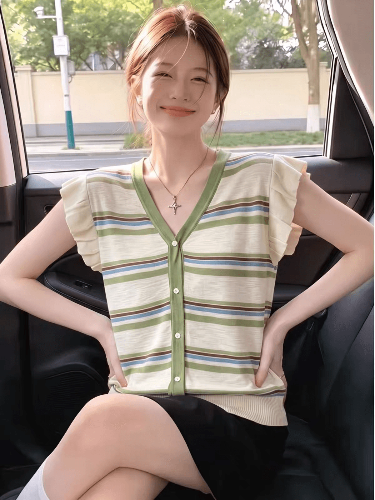 한 부서 배색 스트라이프 니트 오픈 가디건 여성 2026 새로운 패션 외국 가스 연령 감소 다용도 디스플레이 얇고 작은 날다 소매 맨위 상세 이미지 1