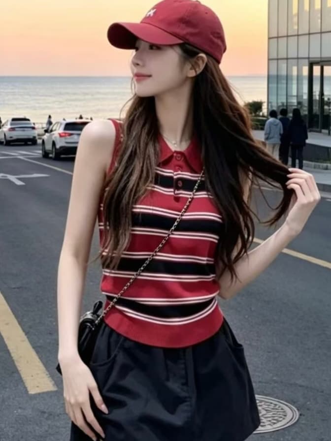 POLO 칼라 스트라이프 배색 민소매 니트 조끼 여성 여름 새로운 한 부서 핫걸 몸매 가꾸기 슬림해 보이는 다용도 맨위