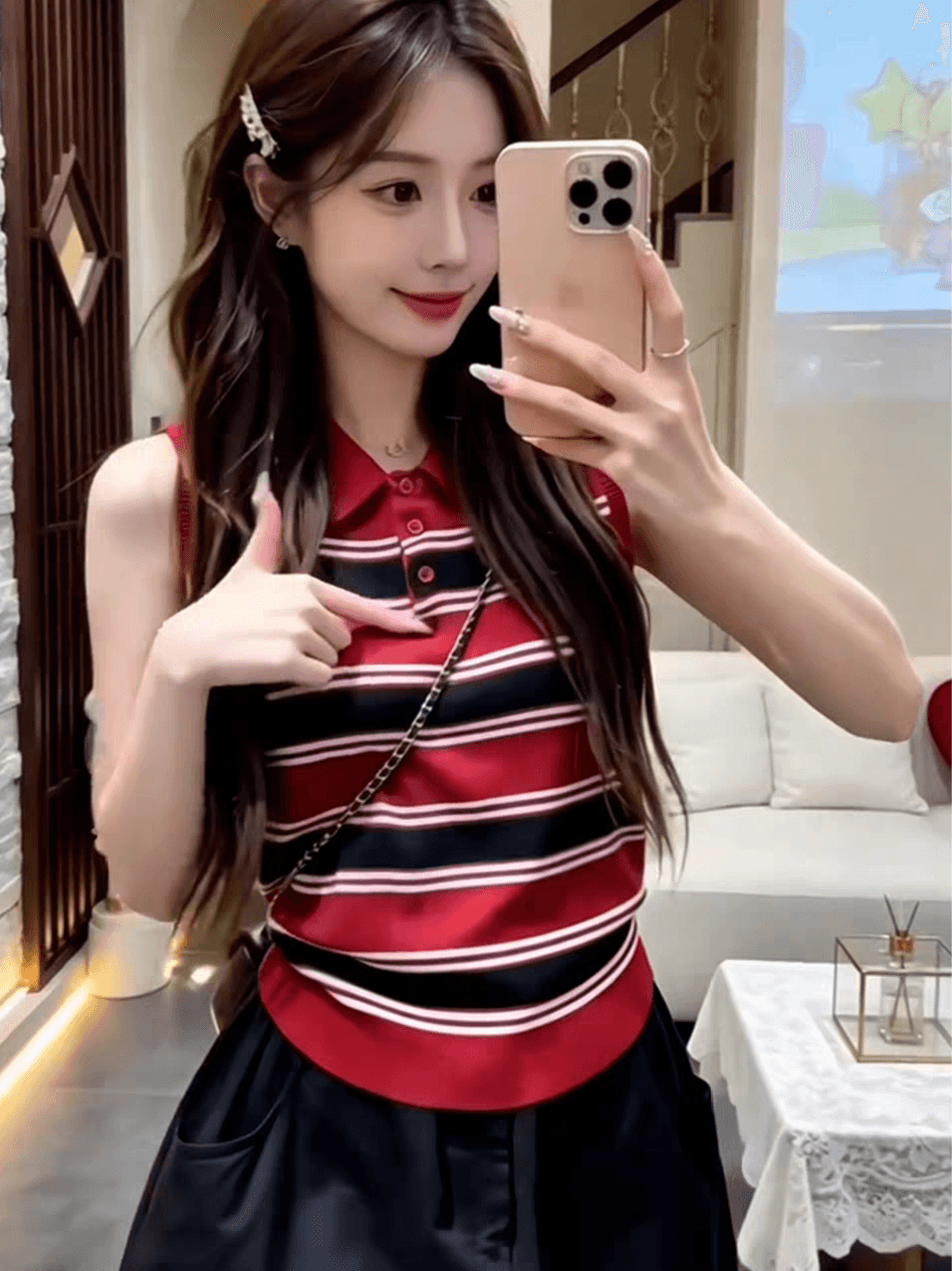POLO 칼라 스트라이프 배색 민소매 니트 조끼 여성 여름 새로운 한 부서 핫걸 몸매 가꾸기 슬림해 보이는 다용도 맨위 상세 이미지 1