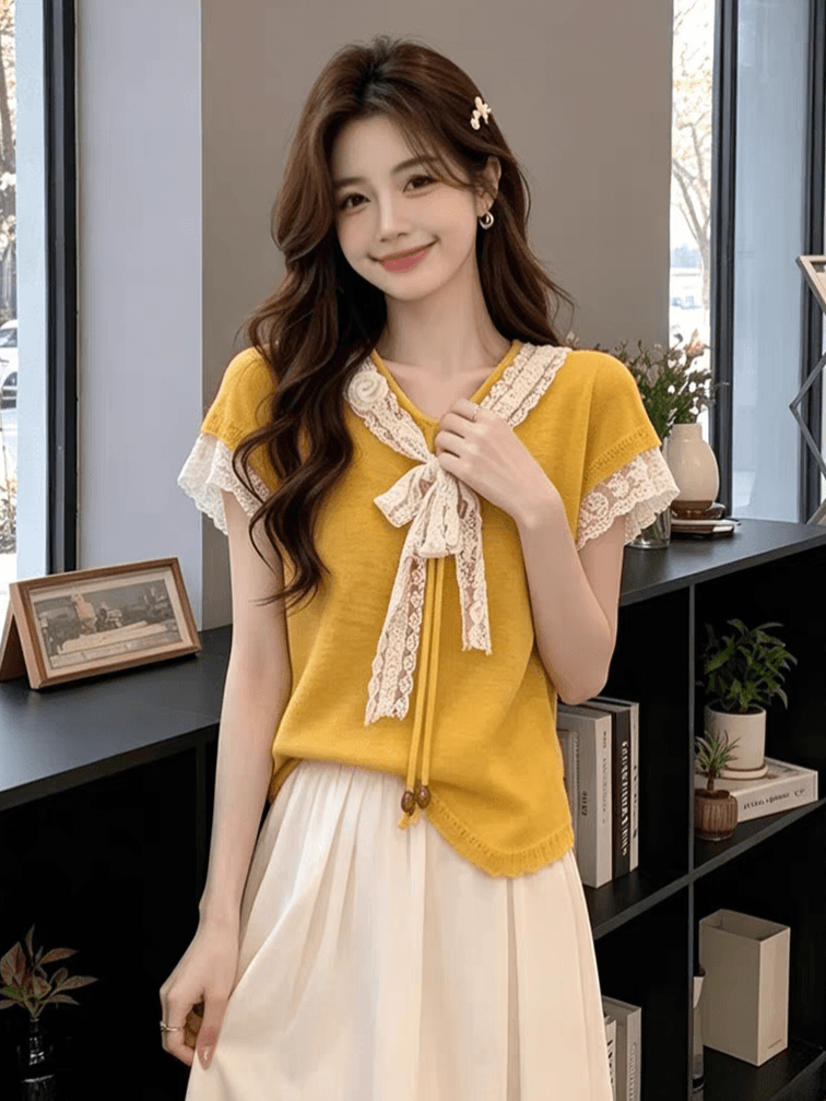 여름 한 부서 부드러운 달콤한 스타일 품격 패치워크 레이스 V넥 나비 매듭 반팔 루즈핏 슬림해 보이는 다용도 맨위 이미지 2
