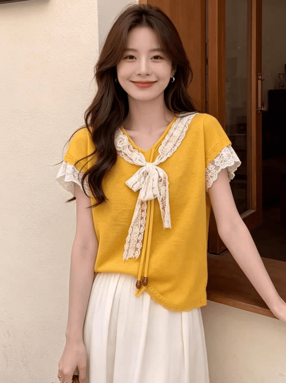 여름 한 부서 부드러운 달콤한 스타일 품격 패치워크 레이스 V넥 나비 매듭 반팔 루즈핏 슬림해 보이는 다용도 맨위 상세 이미지 2