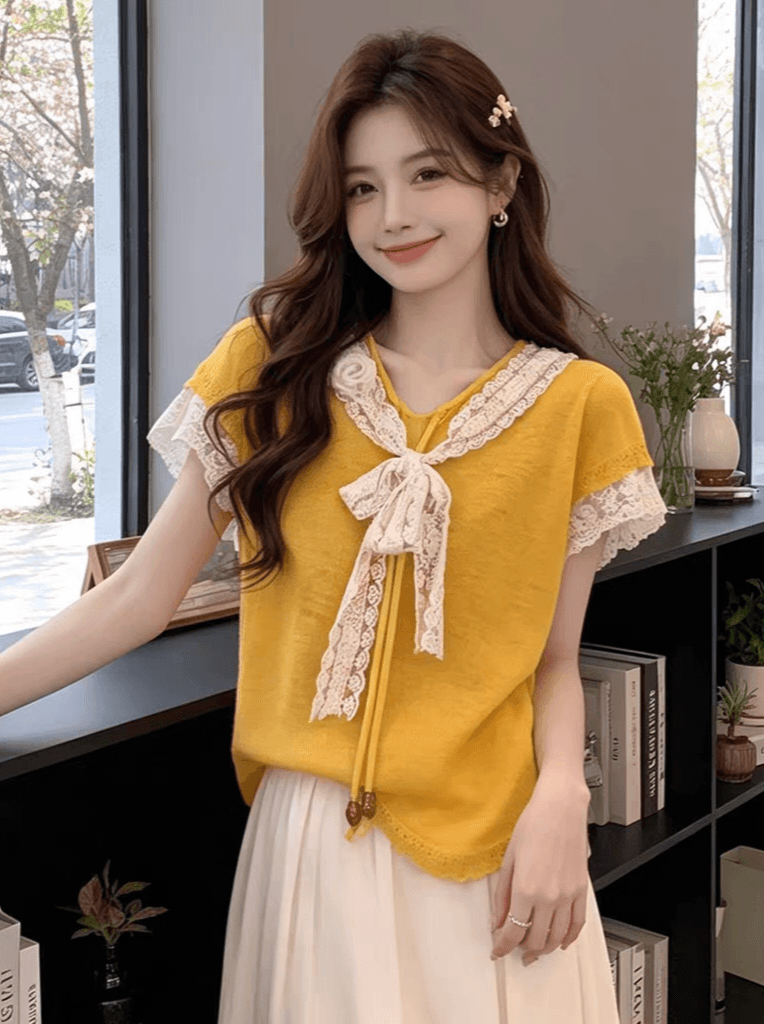 여름 한 부서 부드러운 달콤한 스타일 품격 패치워크 레이스 V넥 나비 매듭 반팔 루즈핏 슬림해 보이는 다용도 맨위 상세 이미지 4