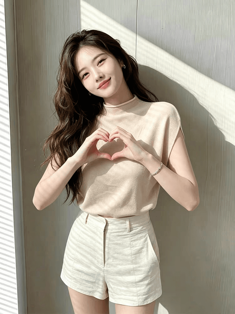 한 부서 미니멀리즘 반하이넥 반팔 니트 스웨터 여성 여름 새로운 루즈핏 패션 다용도 캐주얼 맨위 밀크 티 색상 상세 이미지 3