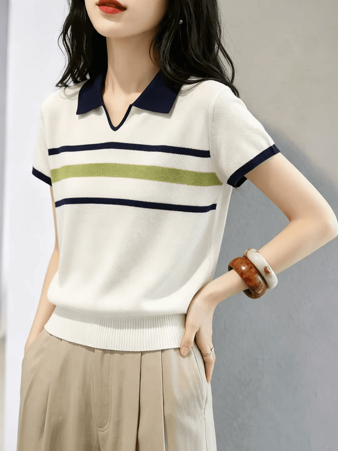 패션 배색 스트라이프 POLO 칼라 반팔 니트 스웨터 여성 2026 여름 지방 mm 루즈핏 다용도 연령 감소 맨위 상세 이미지 3