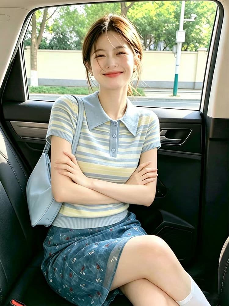 배색 스트라이프 POLO 칼라 반팔 니트 스웨터 여성 여름 새로운 얇은 스타일 학원 스타일 연령 감소 슬림해 보이는 쇼트 스타일 맨위 상세 이미지 5