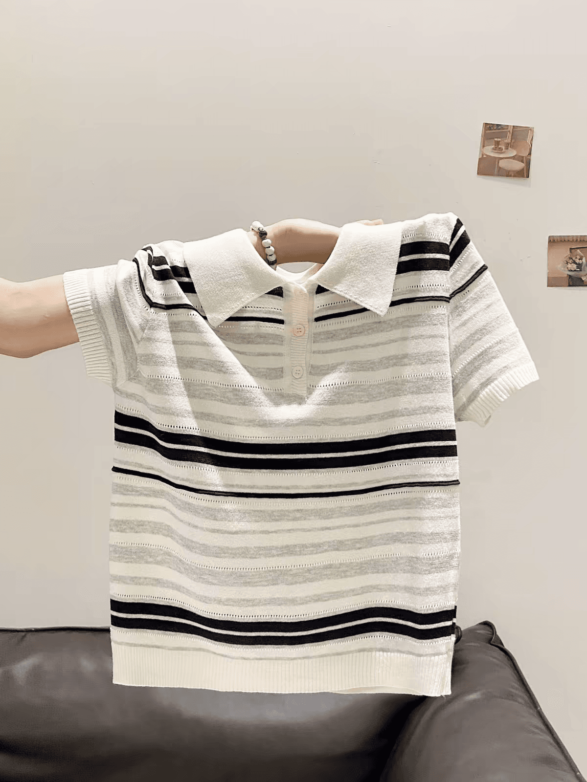 배색 스트라이프 POLO 칼라 반팔 니트 스웨터 여성 여름 새로운 얇은 스타일 학원 스타일 연령 감소 슬림해 보이는 쇼트 스타일 맨위 상세 이미지 6