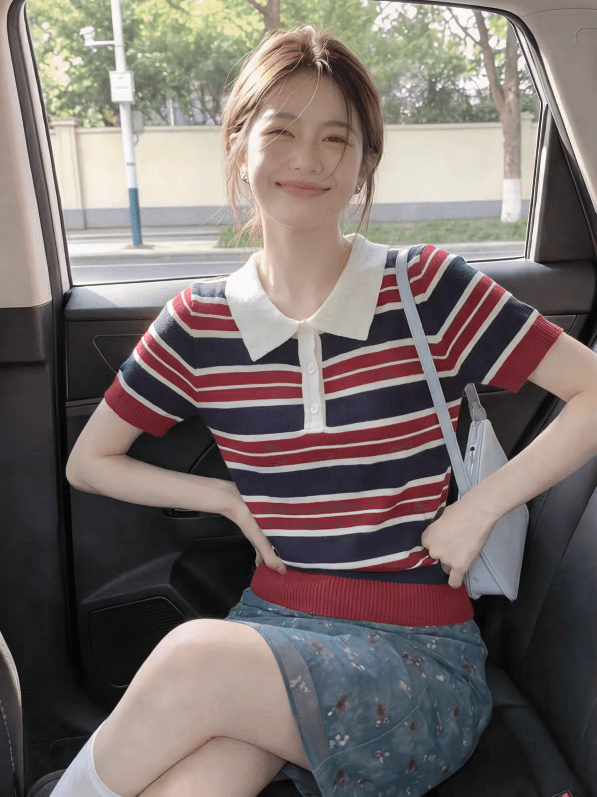 아메리칸 레트로 배색 스트라이프 POLO 칼라 니트 반팔 티셔츠 여성 여름 몸매 가꾸기 긍정적 인 어깨 슬림해 보이는 폴로 칼라 맨위