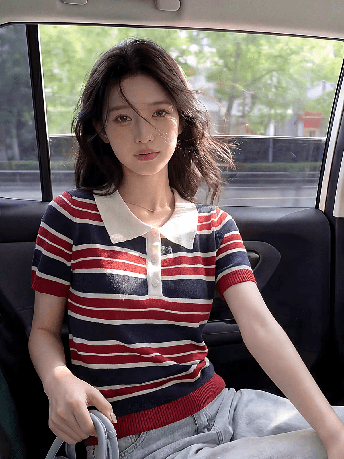 아메리칸 레트로 배색 스트라이프 POLO 칼라 니트 반팔 티셔츠 여성 여름 몸매 가꾸기 긍정적 인 어깨 슬림해 보이는 폴로 칼라 맨위 이미지 3