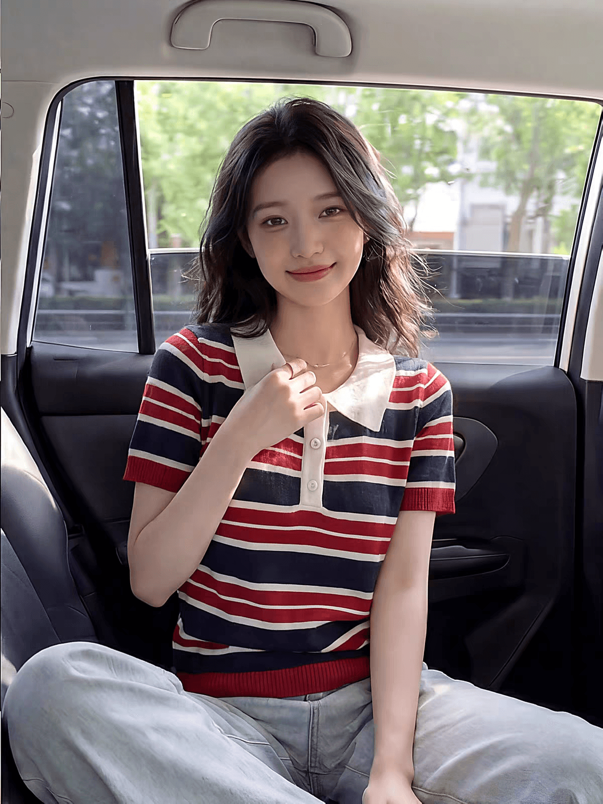 아메리칸 레트로 배색 스트라이프 POLO 칼라 니트 반팔 티셔츠 여성 여름 몸매 가꾸기 긍정적 인 어깨 슬림해 보이는 폴로 칼라 맨위 상세 이미지 4