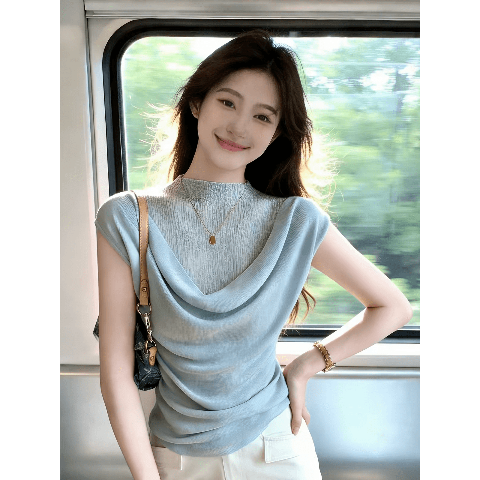 여름 얇은 스타일 파란색 마이크로 ~을 통해 반하이넥 니트 작은 날다 소매 티셔츠 슈퍼 잘 생긴 페이크 레이어드 스택 착용 부드러운 맨위 이미지 5
