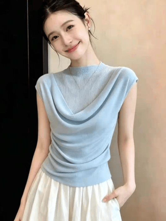 여름 얇은 스타일 파란색 마이크로 ~을 통해 반하이넥 니트 작은 날다 소매 티셔츠 슈퍼 잘 생긴 페이크 레이어드 스택 착용 부드러운 맨위 상세 이미지 1