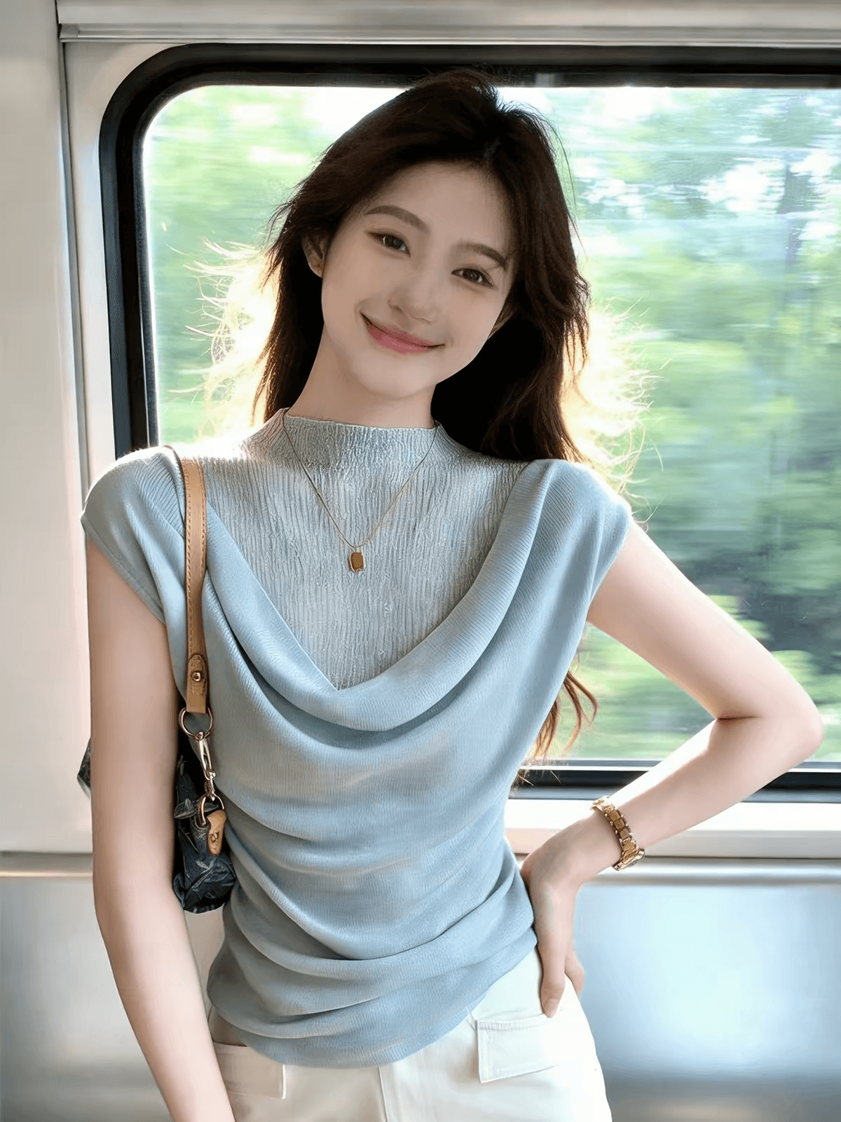 여름 얇은 스타일 파란색 마이크로 ~을 통해 반하이넥 니트 작은 날다 소매 티셔츠 슈퍼 잘 생긴 페이크 레이어드 스택 착용 부드러운 맨위 상세 이미지 2