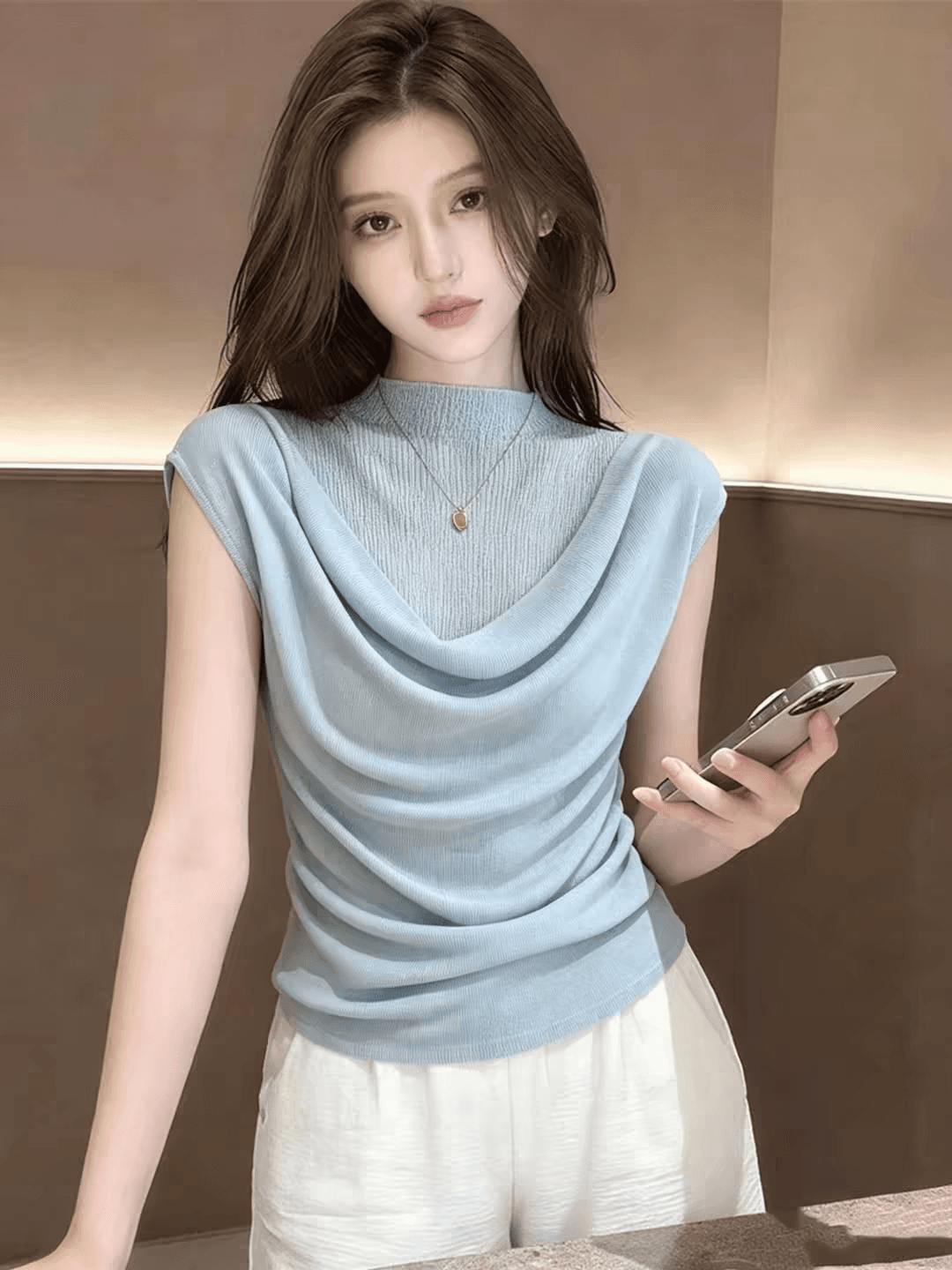 여름 얇은 스타일 파란색 마이크로 ~을 통해 반하이넥 니트 작은 날다 소매 티셔츠 슈퍼 잘 생긴 페이크 레이어드 스택 착용 부드러운 맨위 상세 이미지 4