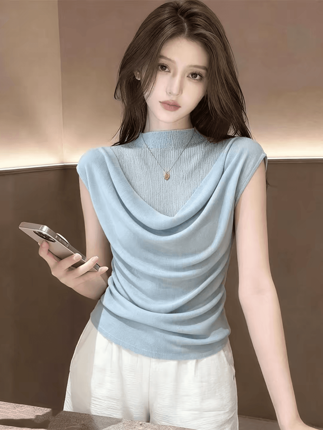 여름 얇은 스타일 파란색 마이크로 ~을 통해 반하이넥 니트 작은 날다 소매 티셔츠 슈퍼 잘 생긴 페이크 레이어드 스택 착용 부드러운 맨위 상세 이미지 5