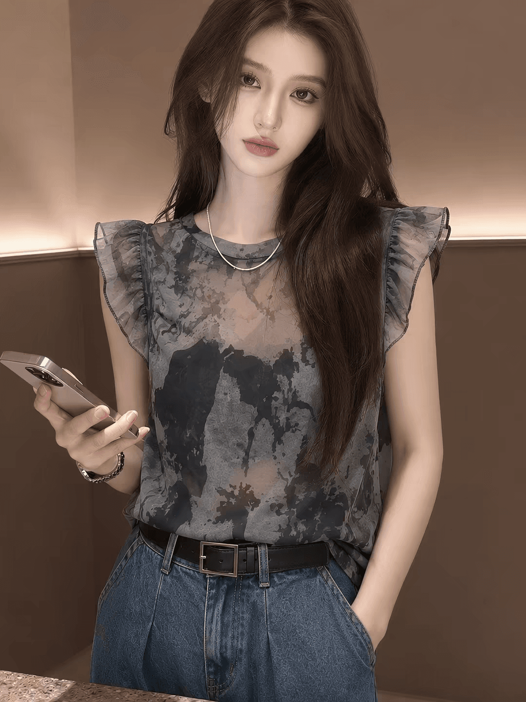 고급 센스 얇고 가벼운 수묵화 프린트 Feifei 소매 티셔츠 2026 여름 우아함 연령 감소 다용도 라운드 넥 슬림해 보이는 맨위
