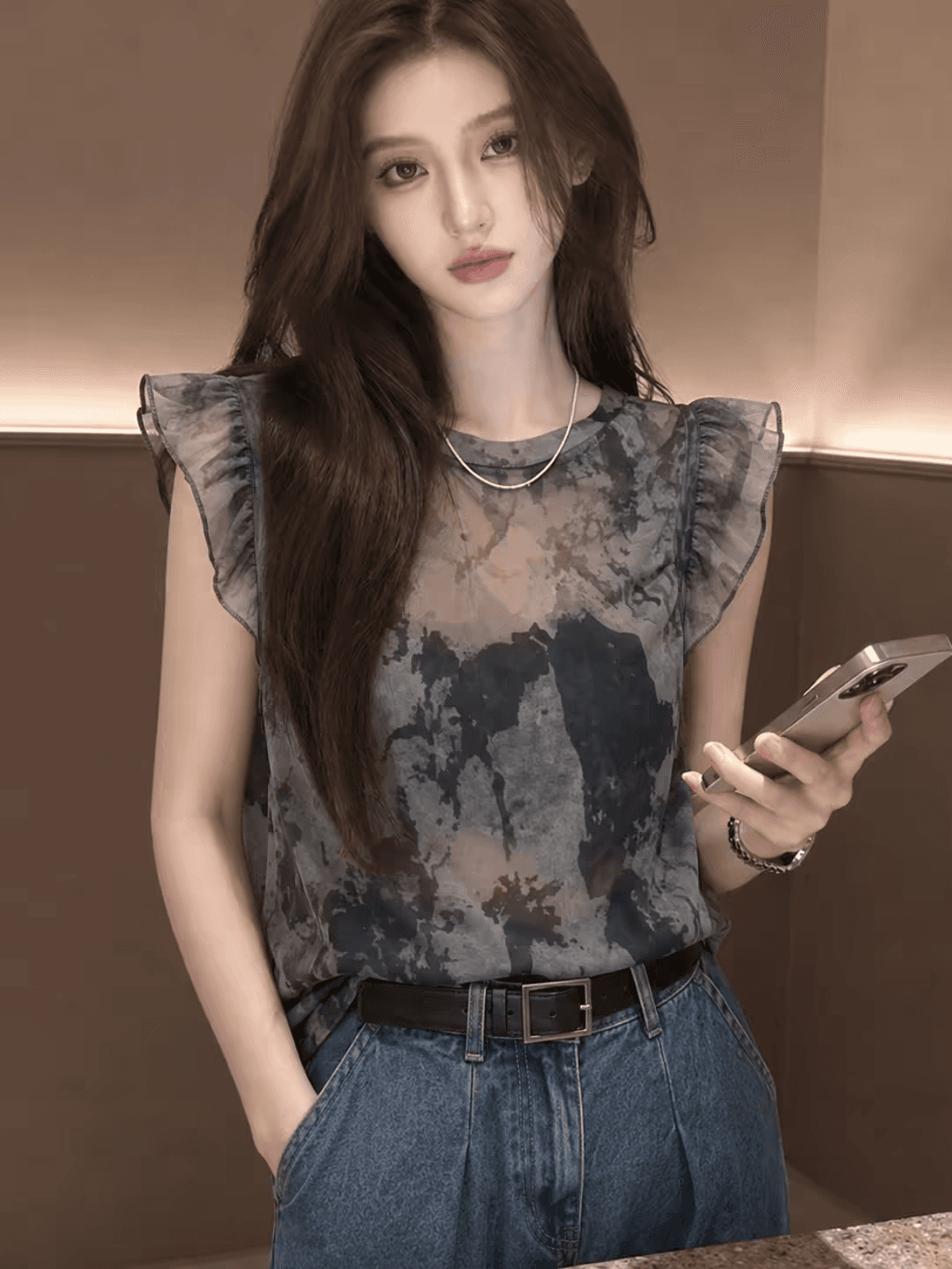 고급 센스 얇고 가벼운 수묵화 프린트 Feifei 소매 티셔츠 2026 여름 우아함 연령 감소 다용도 라운드 넥 슬림해 보이는 맨위 상세 이미지 2
