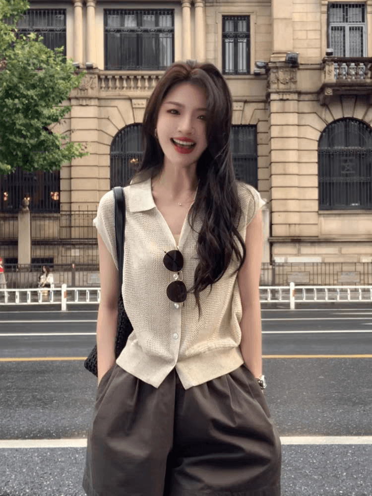 오래된 돈 바람 폴로 칼라 반팔 니트 스웨터 여성 2026 여름 새로운 얇은 스타일 홀로우 아웃 디자인 센스 슬림해 보이는 품격 맨위 상세 이미지 2
