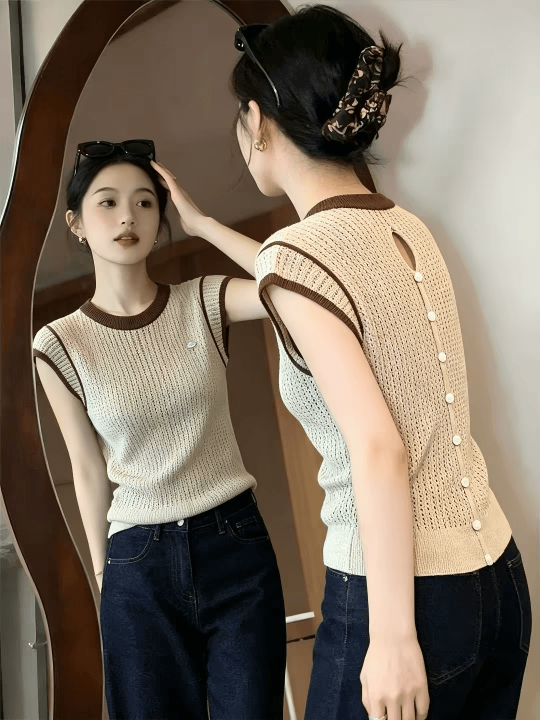 자이언트 잘 생긴 카키 색 니트 조끼 여성 여름 외출용 인사이드 가져 가라. 패션 레트로 다용도 몸매 가꾸기 홀로우 아웃 민소매 맨위