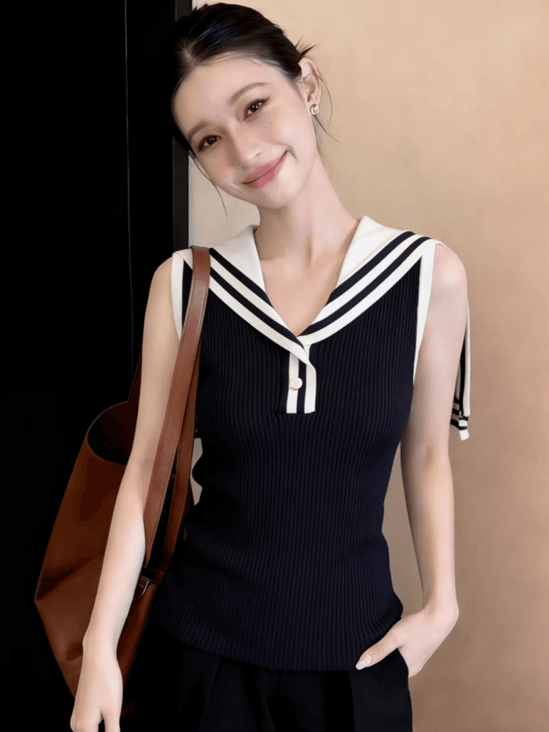 흑인과 백인 패치워크 색상 해군 칼라 스트라이프 민소매 티셔츠 여성 2026 여름 해상 부서 고유 한 아름다운 디자인 센스 맨위